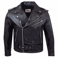 The front view of Black Brando Motorcycle rocker Jacket combines style &durability with its split cowhide construction. The jacket includes a removable lining, two side pockets, and a chest pocket. Designed by Rad Masters for the ultimate biker look