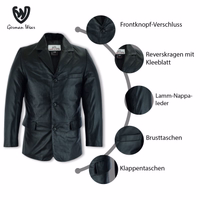 The inner view of premium Black Men's Leather Blazer combines elegance and functionality. Made from 100% lamb nappa leather, it offers exceptional comfort. Perfect for everyday use and evening outings. Free worldwide delivery.