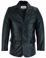 Front view of leather biker jacket, Trend501J Experience luxury with a custom-made Men's Leather Blazer by German Wear. Crafted from soft lamb nappa leather, it features a button-up front, belly-height pockets, and an inside chest pocket. Buy online today