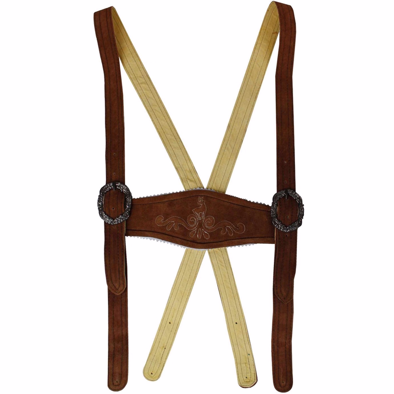 Traditional Leather Suspender for Men’s by German Wear Close-up of black suede suspenders with cream-white embroidery. Traditional leather H-straps for lederhosen, made from genuine suede. German Wear suspenders with classic Bavarian design.