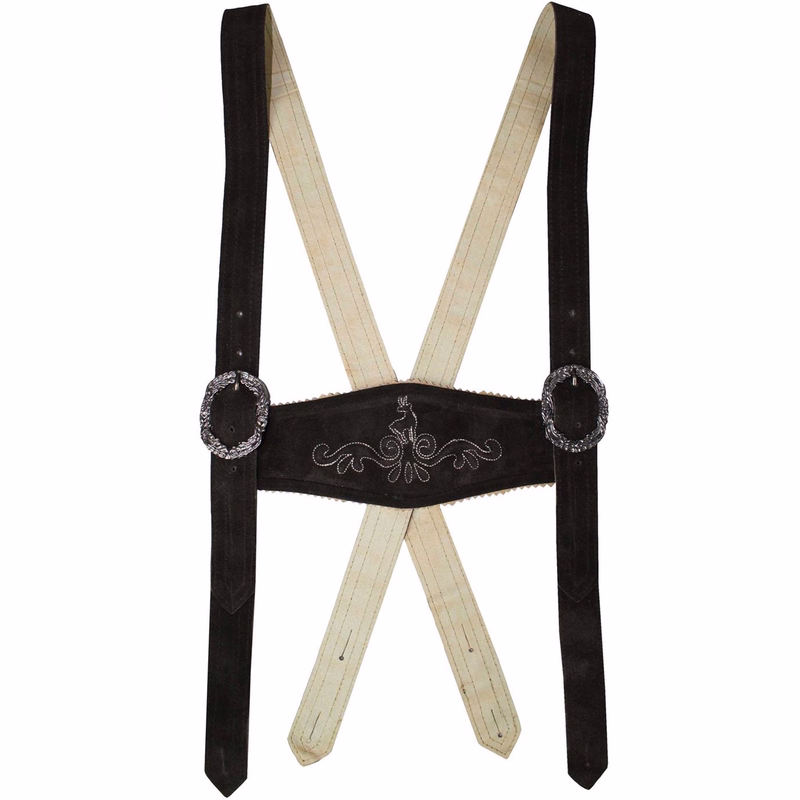 Traditioneller Lederhosenträger für Herren von German Wear Nahaufnahme schwarzer Wildlederträger mit cremeweißer Stickerei. Traditionelle Leder-H-Träger für Lederhosen aus echtem Wildleder. German Wear Träger im klassischen bayerischen Design.