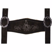 Detaillierte dunkelbraune Wildlederträger mit cremeweißer Stickerei. Weiche Leder-H-Träger für Lederhosen und Oktoberfest-Mode. Robuste German Wear Träger mit klassischem Design.
