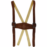 Vorderansicht kastanienbrauner Wildlederträger mit Stickerei. Traditionelle Leder-H-Träger, handgefertigt für Lederhosen und Oktoberfest-Kostüme. Authentische German Wear Träger in sattem Farbton.