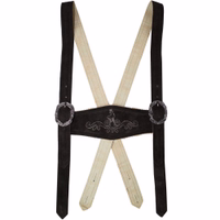 Vorderansicht dunkelbrauner Wildlederträger mit Stickdesign. Handgefertigte traditionelle Leder-H-Träger, ideal für Lederhosen und bayerische Trachten. Authentische German Wear Träger.