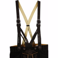 Wildleder-Lederhosenträger für Herren in Dunkelbraun mit gestickten Details. Handgefertigte V-Träger, verstellbare Länge, langlebige Qualität, entworfen von German Wear für traditionelle Mode und Lederhosen.