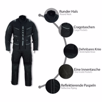 Dieser schwarze Textil-Motorradanzug bietet Rundumschutz mit integrierter Protektoren, verstellbaren Ärmeln und Stretch-Einsätzen. Für Alltagsfahrer, die Stil und Sicherheit gleichermaßen schätzen.