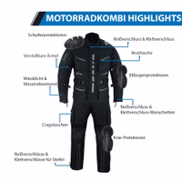 Der schwarze Motorradanzug bietet einen eleganten Allwetter-Look mit gepolsterter Jacke und verstärkten Hosen. Mit Cargotaschen, Klettbündchen & reflektierenden Paspeln für mehr Sicherheit bei Nachtfahrten.