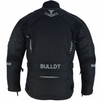 Herren-Motorradjacke in Schwarz, Rückansicht, BLD323J, mit Arm-, Schulter- & Rückenprotektoren. Aus Polyester gefertigt, mit herausnehmbarem Innenfutter. Neonfarben & 3M-Reflektoren erhöhen die Sichtbarkeit im Dunkeln.