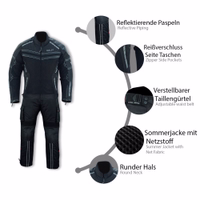 BULLDT Motorrad-Textilanzug für Herren Merkmalsanzeige des BULLDT Herren Motorrad Textil Schwarz Anzugs mit Mesh Belüftung, CE geprüften Protektoren, langlebigem Cordura, reflektierenden Elementen und Anpassungssystem jetzt kaufen