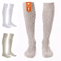 Pair of extra long Bavarian socks in mottled color, displayed with all color variations. 75cm cable knit stockings, perfect Oktoberfest German wear accessory.