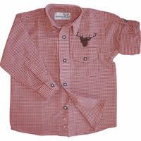 Men’s Bavarian traditional shirt in red and green checks with deer embroidery. Comfortable cotton-polyester blend, long sleeves with roll-up cuffs, button-down design, perfect Oktoberfest shirt.