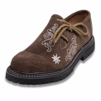 Vorderansicht brauner bayerischer Damenschuhe mit Blockabsatz und Ledersohle. Diese traditionellen Trachtenschuhe verfügen über runde Kappe, Schnürverschluss und aufwendige Stickerei – klassische Haferlschuhe für Damen.