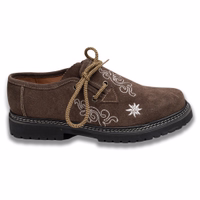 Seitenansicht traditioneller Trachtenschuhe mit aufwendiger Stickerei und Blockabsatz. Diese handgefertigten Lederhosen-Schuhe aus Rindsleder verfügen über seitliche Schnürung für einen authentischen Look.
