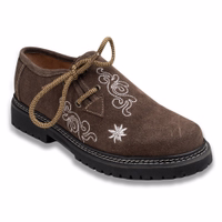 Traditionelle bayerische Schuhe aus braunem Rindsleder. Diese handgefertigten Haferlschuhe mit seitlicher Schnürung und Blockabsatz haben einen kurzen Schaft und sind aus Veloursleder – klassisches German Wear Design.