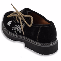 Classic haferl shoes with a block heel and round toe cap. Featuring a lace fastener, durable leather sole, and beautiful embroidery, these trachten shoes are made from 100% suede leather for lasting quality and timeless style.