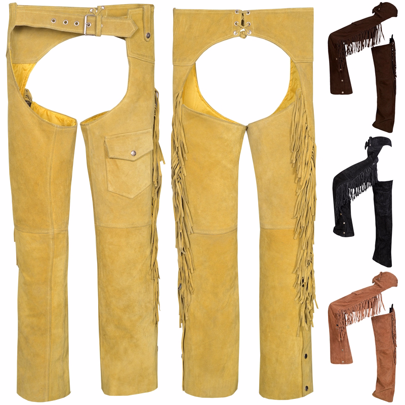 Men’s Western Leather Chaps Front and back view of Men’s Western Leather Chestnut Brown Chaps showing soft cowhide leather, classic fringe details, adjustable fit, and premium quality for Western riding gear, buy online.