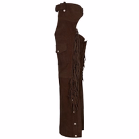 Seitenansicht der Herren Western Leder Chaps in dunkelbraun mit langlebigem Rindsleder, klassischen Fransen an den Beinen, verstellbarer Passform und vielseitiger Nutzung für Westernveranstaltungen oder Reiten, jetzt kaufen.