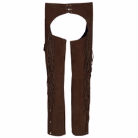 Rückansicht der Herren Western Leder Chaps in dunkelbraun mit weichem Leder, langlebigem Design, verstellbarem Rückenkordelzug und klassischem Cowboy-Stil für Reiten oder Kostüme, jetzt sichern.