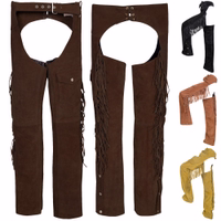 Vorder- und Rückansicht der Herren Western Leder Chaps in dunkelbraun mit weichem Rindsleder, klassischen Fransen, verstellbarer Passform und hochwertiger Qualität für Westernreiten, jetzt kaufen.