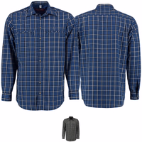 Vorder- und Rückansicht eines Herren-Jagdhemdes in Dunkelblau. Mit Haifischkragen und elegantem Design ausgestattet, verfügt dieses Langarmhemd über einen Button-Down-Kragen und ist aus 100 % Baumwolle gefertigt, was für höchste Strapazierfähigkeit und Tra