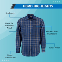 Herren-Jagdhemd in Dunkelblau Dunkelblaues Jagdhemd mit Kentkragen, geknöpften Manschetten und langen Ärmeln. Ausgestattet mit Krempelärmeln und einer Brusttasche mit Reißverschluss für zusätzliche Funktionalität.