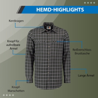 Herren-Jagdhemd mit Kentkragen, gestaltet mit geknöpften Manschetten und Krempelärmeln für Vielseitigkeit. Das Hemd verfügt über lange Ärmel und eine praktische Brusttasche mit Reißverschluss für sichere Aufbewahrung.