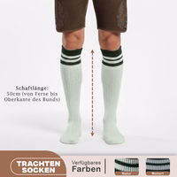 Traditionelle bayerische Socken, zwei Paar – eines in Naturgrün und eines in Heidegrau – beide mit Zopfmuster, Schaftlänge 50 Zentimeter.