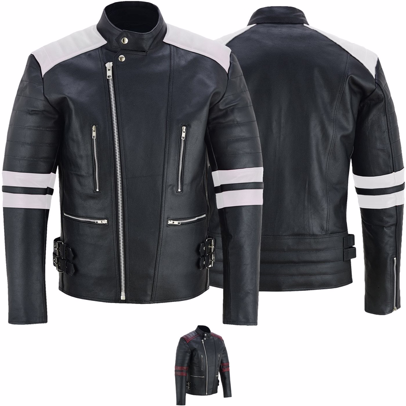 Men's motorcycle jacket in black/grey with shoulder, elbow and back protectors, plus 2 hidden front zip pockets and one inside pocket, also available in another base color.