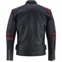 Herren-Motorradjacke in schwarz/Rot Farbe Rückansicht Design, Diese Jacke ist am Ende des Reißverschlusses mit Knöpfen geschlossen, es ist mit Armen, Schulter, Ellbogen, & Rücken-Protektoren ausgestattet.