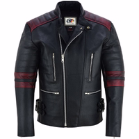 Herren-Motorradjacke in Schwarz/Rot mit Frontansicht, ausgestattet mit Arm-, Schulter-, Ellbogen- und Rückenprotektoren sowie Manschetten mit Reißverschluss und Knöpfen.