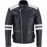 Herren Motorradjacke in schwarz/grau Farbe Vorderansicht, sorgfältig aus Ledergewebe mit einem Polyester-Innenfutter gefertigt. Die Jacke ist mit mehreren Protektoren ausgestattet, Zusätzlich sind die Manschetten mit Reißverschluss ausgestattet.