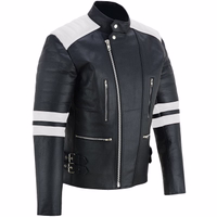 Herren-Motorradjacke in schwarz/grau, aus feinstem Rindsleder gefertigt, mit Seitenansicht. Wird am Ende des Reißverschlusses mit Knöpfen gesichert und verfügt über Protektoren für die Arme, Schultern, Ellbogen, Rücken.