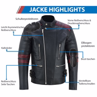 Herren-Motorradjacke in schwarz/roter Farbe Rückansicht Design, Diese Jacke ist am Ende des Reißverschlusses mit Knöpfen geschlossen, es ist mit Armen, Schulter, Ellbogen, & Rücken-Protektoren ausgestattet.