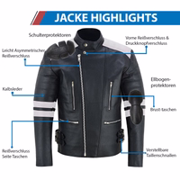 Herren-Motorradjacke in schwarz/roter Farbe Rückansicht Design, Diese Jacke ist am Ende des Reißverschlusses mit Knöpfen geschlossen, es ist mit Armen, Schulter, Ellbogen, & Rücken-Protektoren ausgestattet.