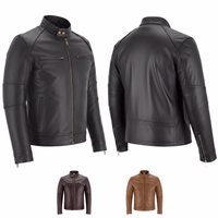 Herren Lederjacke Dunkelbraun Vorder- und Rückansicht einer schwarzen Herrenlederjacke aus Lammnappa. Diese Jacke verfügt über einen hohen Kragen mit Druckknöpfen, Reißverschluss-Brusttaschen und Ärmelreißverschlüsse und vereint Stil mit Funktionalität.