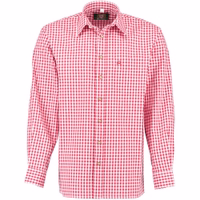 Front View of Traditional Lederhosen Shirt Red Embroidered Trachten Shirt for Men Long Sleeve Premium Bavarian Carnival Shirt Comfortable German Traditional Shirt by Orbis Shop German Clothing Get Now