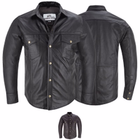 Front and back view of Men’s Motorcycle Lamb Nappa Black Leather Shirt crafted from soft sheepskin with Kent collar and press stud closure for comfort and durability shop online today