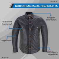 The Men’s Motorcycle Lamb Nappa Black Leather Shirt by German Wear featuring durable sheepskin, press stud cuffs and Kent collar ideal for versatile styling and lasting wear buy online