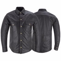 Front and Back View of Men’s Motorcycle Lamb Nappa Black Leather Shirt – Expertly Crafted from Soft Sheepskin with a Kent Collar and Press Stud Closure for Enhanced Comfort and Durability. Shop Online Today.