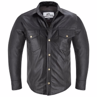 Front view of Men’s Motorcycle Lamb Nappa Black Leather Shirt designed with chest pockets, Kent collar and full button closure offering casual biker style and rugged elegance buy now