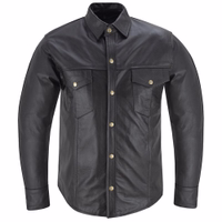 Front view of full button closure Men’s Motorcycle Lamb Nappa Black Leather Shirt crafted from soft lamb nappa with biker inspired details ensuring style and durability buy now today