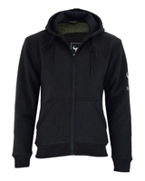 Vorderansicht des Herren-Motorrad-Hoodies in Schwarz mit zahlreichen Protektoren. Der Hoodie besteht aus drei Schichten: Außenmaterial 100 % Baumwolle, mittlere Schicht Aramidfasern, Innenschicht Polyester-Mesh.