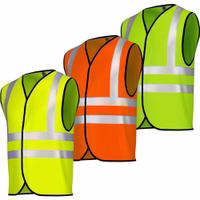 Vorderansicht einer Warnweste in Neon-Orange, Grün und Gelb mit hoher Sichtbarkeit. Ausgestattet mit hochintensiven Reflektorstreifen für verbesserte Sichtbarkeit und Sicherheit bei schlechten Lichtverhältnissen, gefertigt aus strapazierfähigem Polyesterge