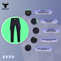Herren-Motorradhose in Schwarz mit Knopfverschluss, ausgestattet mit Oberschenkel- und Cargo-Taschen für praktische Nutzung. Aus 100% Baumwolle gefertigt, bieten diese langen Hosen sowohl Langlebigkeit als auch Komfort und vereinen Stil und Funktionalität 