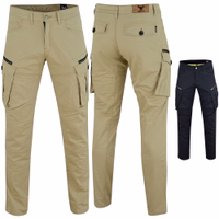 Front and rear views of motorcycle pants in khaki color. Our 9-pocket motorcycle pants provide superior protection and comfort with high-quality 100% cotton fabric, featuring zipper and button closures.