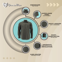 Herren-Hunting-Hemd in Olivgrün mit Kent-Kragen und aufrollbaren Ärmeln. Aus 60% Baumwolle und 40% Polyester gefertigt, weich und komfortabel, mit Knopfmanschetten, eingenähter Brusttasche und stilvollem Karomuster für Qualität und Stil.