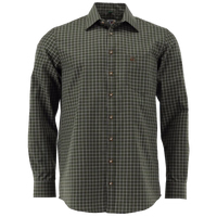 Vorderansicht des Herren-Hunting-Hemds mit klassischem grün-weiß kariertem Muster. Das Hemd ist mit einer durchgehenden Knopfleiste versehen, deren Knöpfe in einem satten Braunton gehalten sind.
