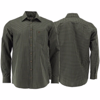 Vorder- und Rückansicht des Herren-Hunting-Hemds. Das Hemd hat ein grün-weiß kariertes Muster und verfügt über eine durchgehende Knopfleiste mit braunen Knöpfen.