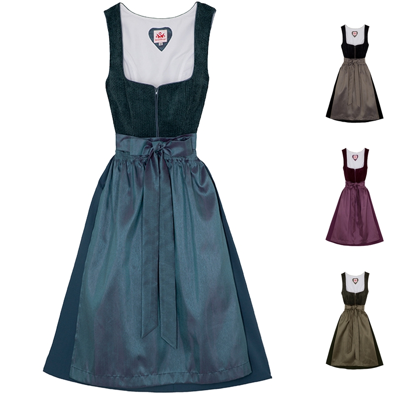 Damen Dirndlkleid Blau Samt - Trachtenkleid Mit Schürze