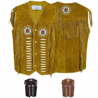 Front and rear views of the premium Best Western leather vest for men. This Ochre vest boasts white lacing accents on the front and decorative beaded medallions on the chest. It closes with sleek snap buttons for a secure fit.
